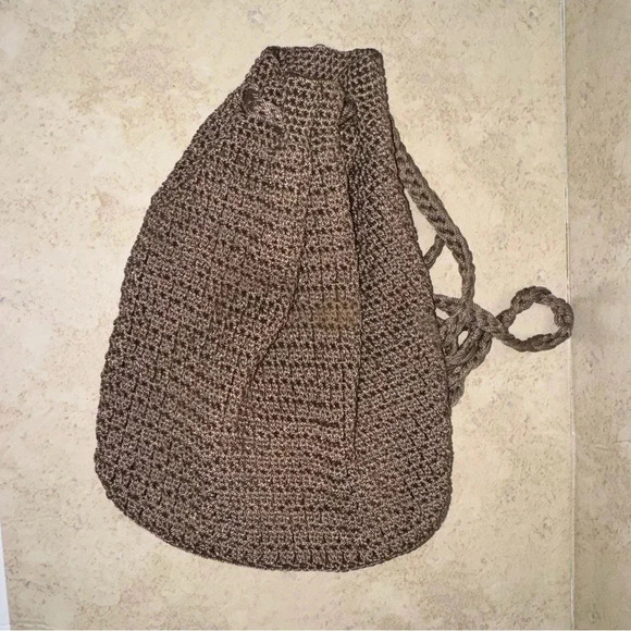 . Handbags - Brown Crochet Drawstring Backpack Bag